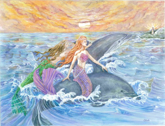 Mermaids and Dolphins Riding Waves