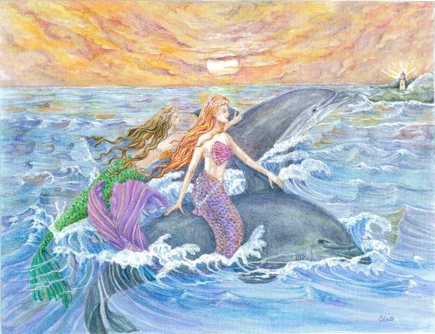 Mermaids and Dolphins Riding Waves Painting 