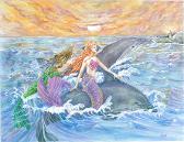 Mermaids and Dolphins Riding Waves Art Print