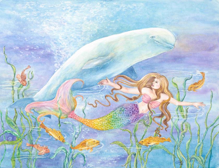 Mermaid and Beluga Whale art print 